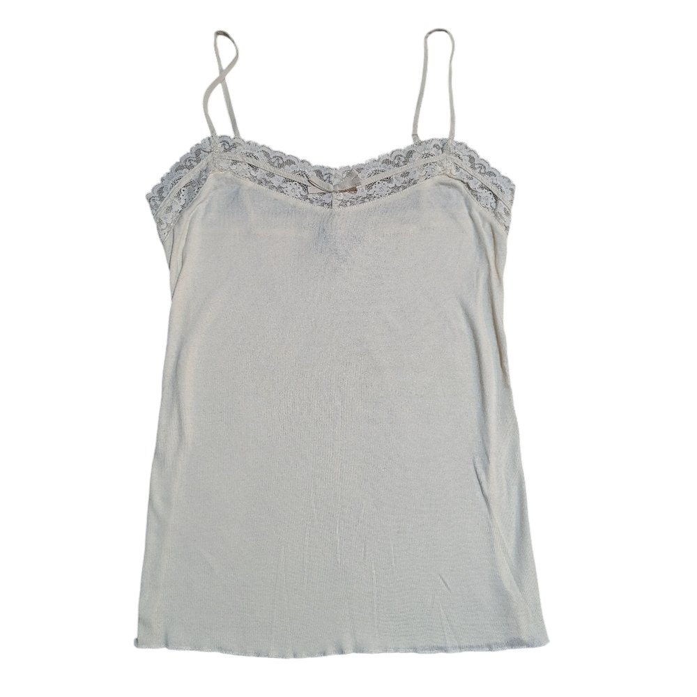 Y2K Cream Lace Cami Top Size Small Coquette Tank Top Spaghetti Straps Bow